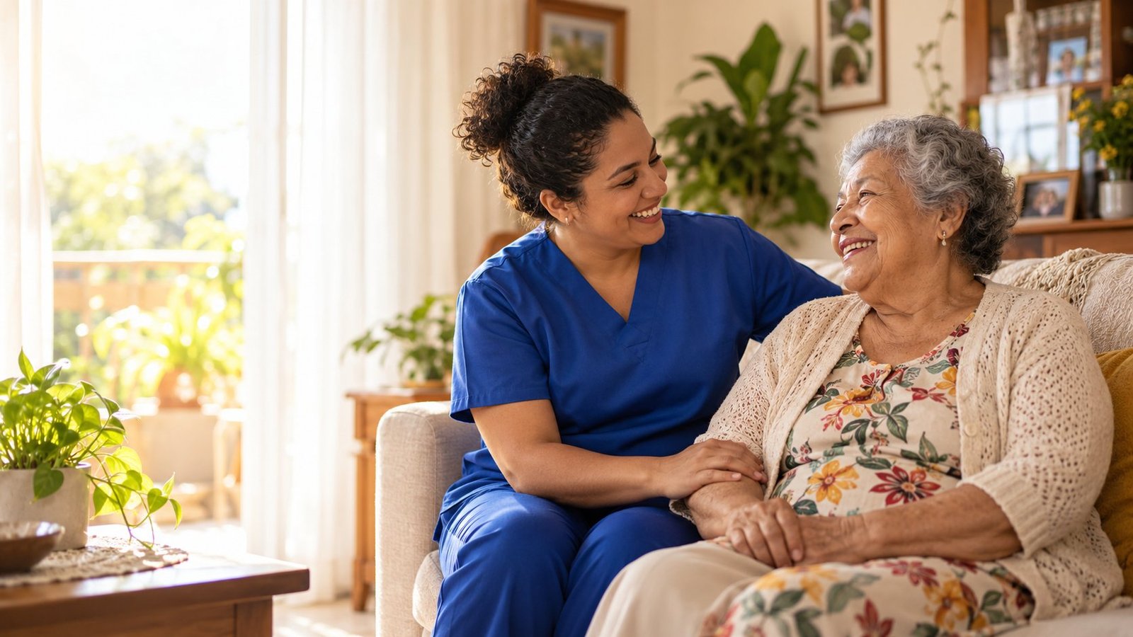 Cuidadora conversa sorrindo com uma senhora em casa.